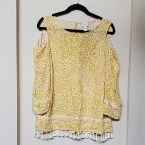 Chico’s Golden Yellow Cold Shoulder Batik Print Fringe Textured Blouse Top